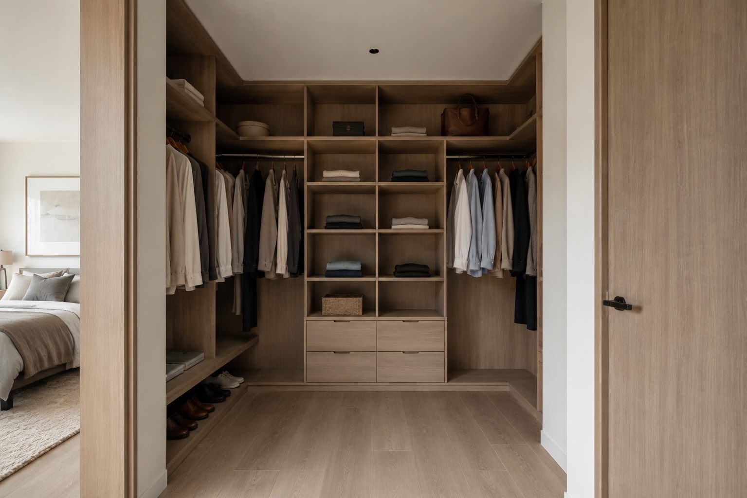 Walk-in closet with custom wood cabinetry
