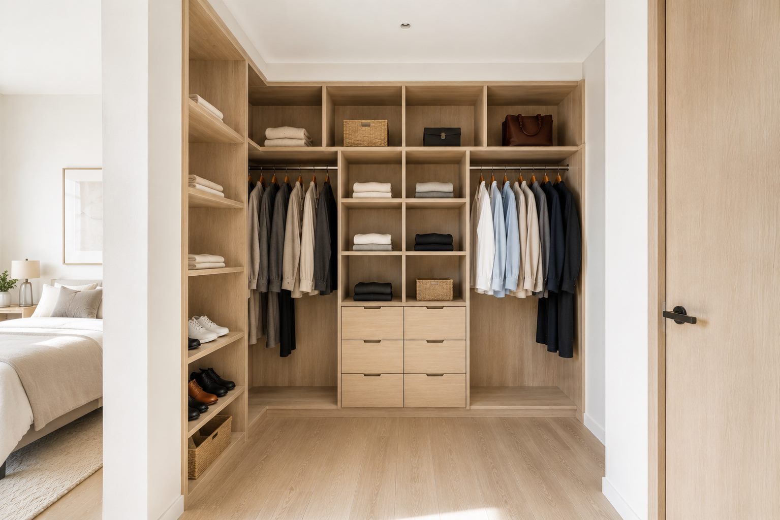 Walk-in closet with shelving and drawers