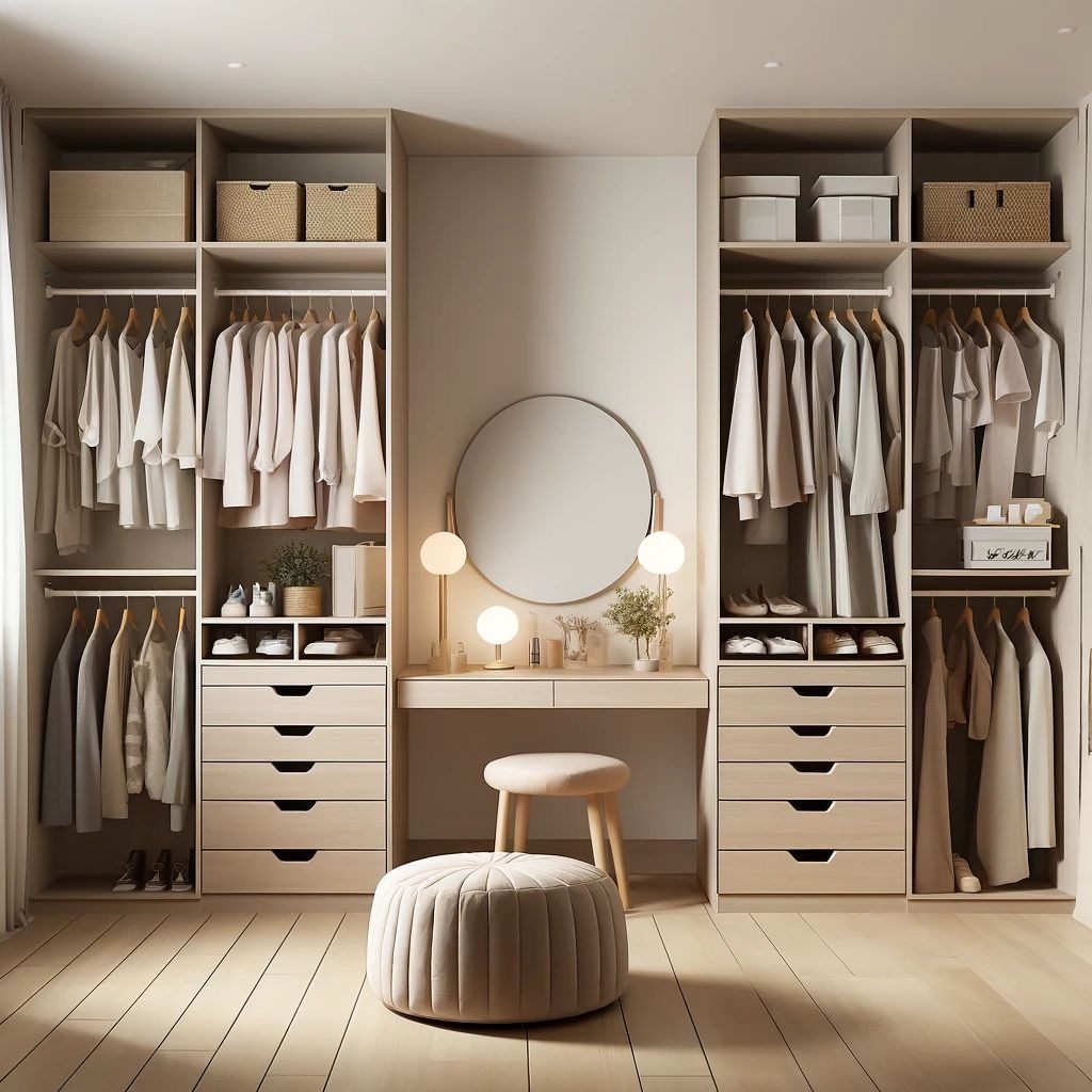 Closet with central vanity and mirror