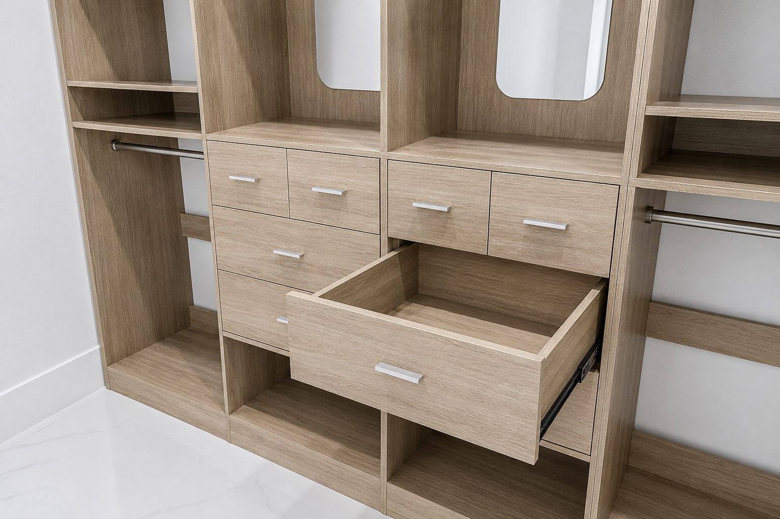 Closet system with drawers and shelves