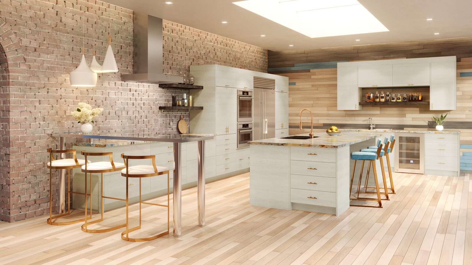 Modern kitchen with exposed brick wall and gold accents