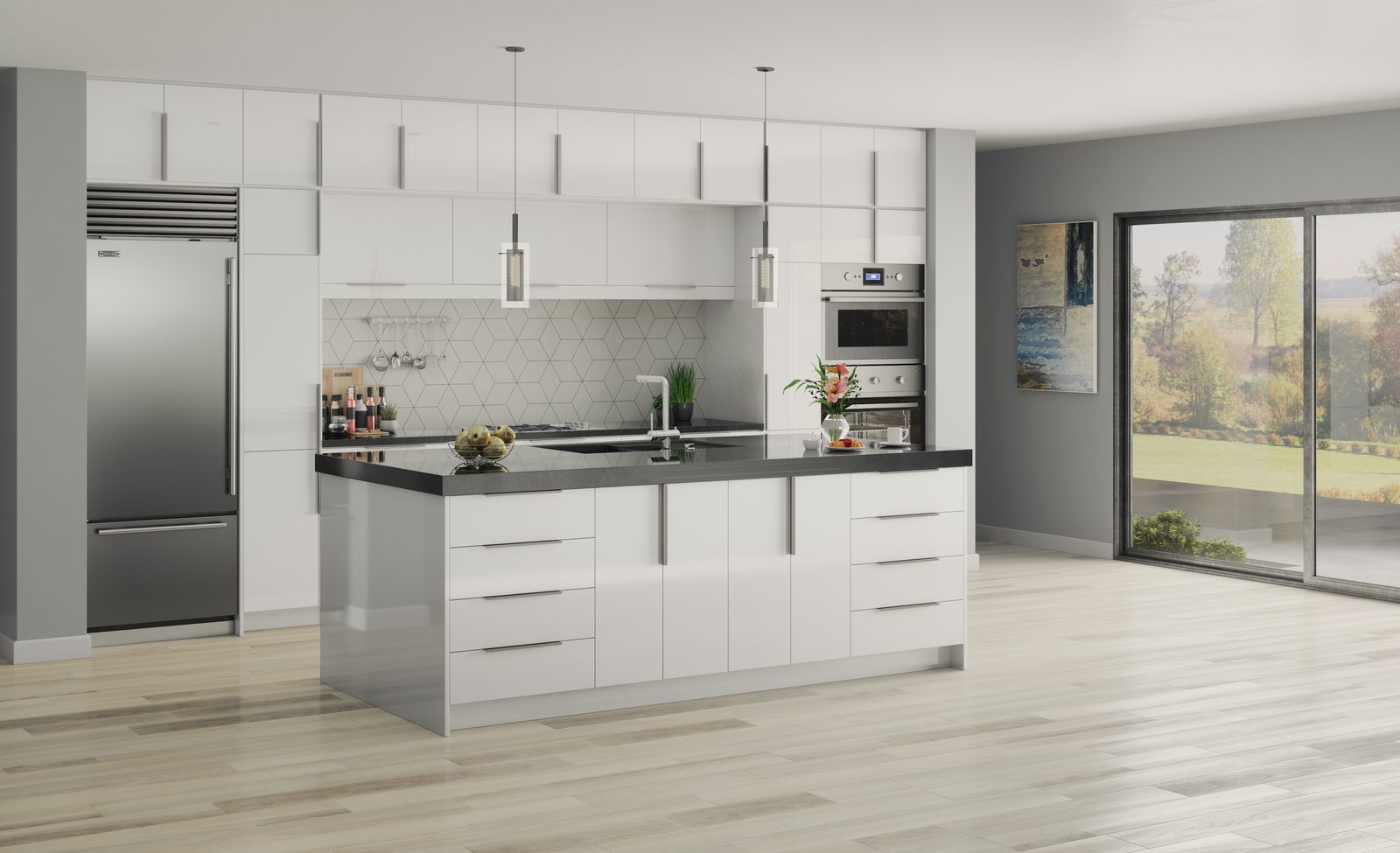 Contemporary white high-gloss kitchen with dark island