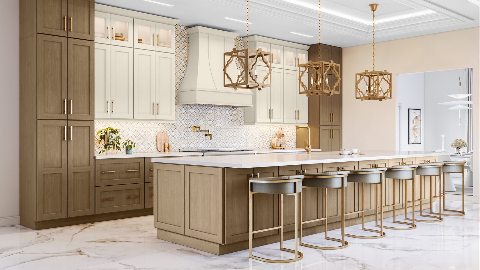 Two-tone cream and oak kitchen with gold pendant lights
