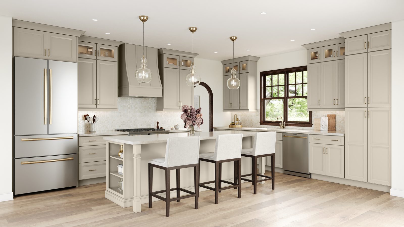 Greige traditional kitchen with marble island