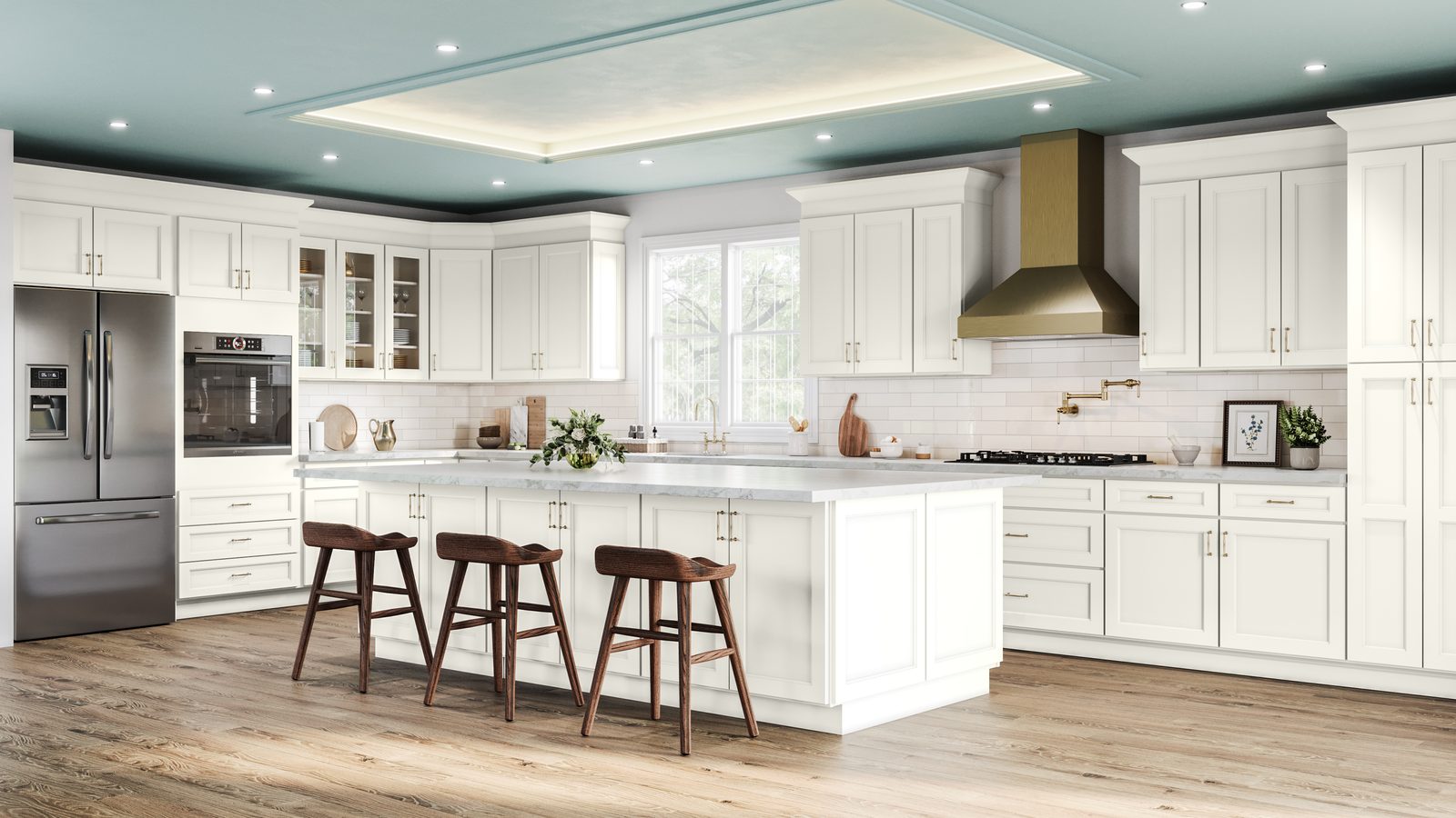 White shaker kitchen with brass range hood