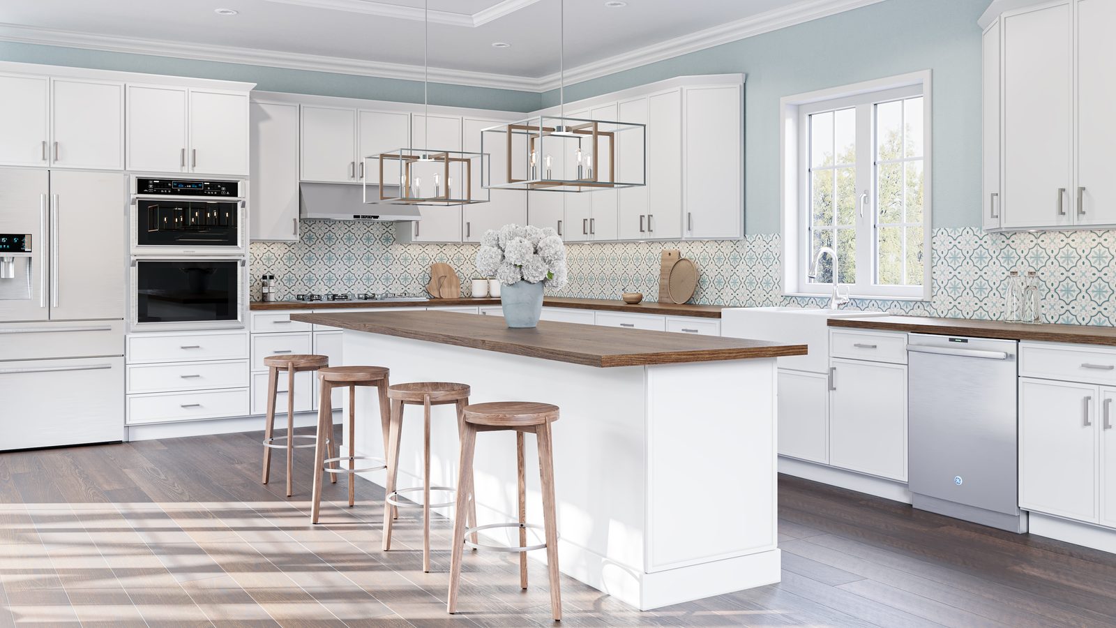 White kitchen with patterned backsplash and butcher-block counters