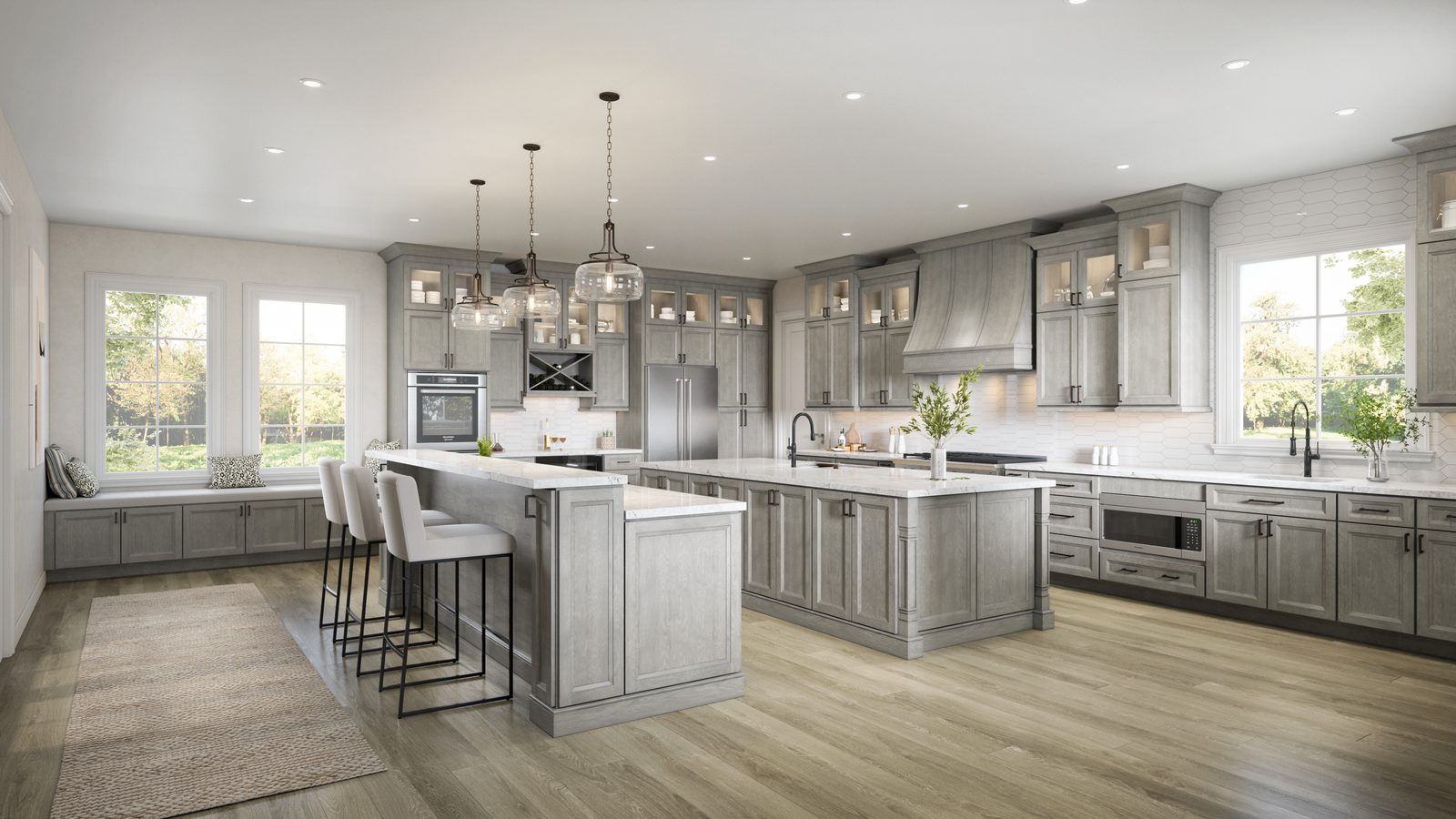 Spacious gray kitchen with double marble islands