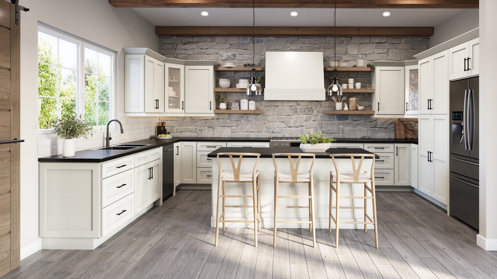 Cream kitchen with stone accent wall and black countertops