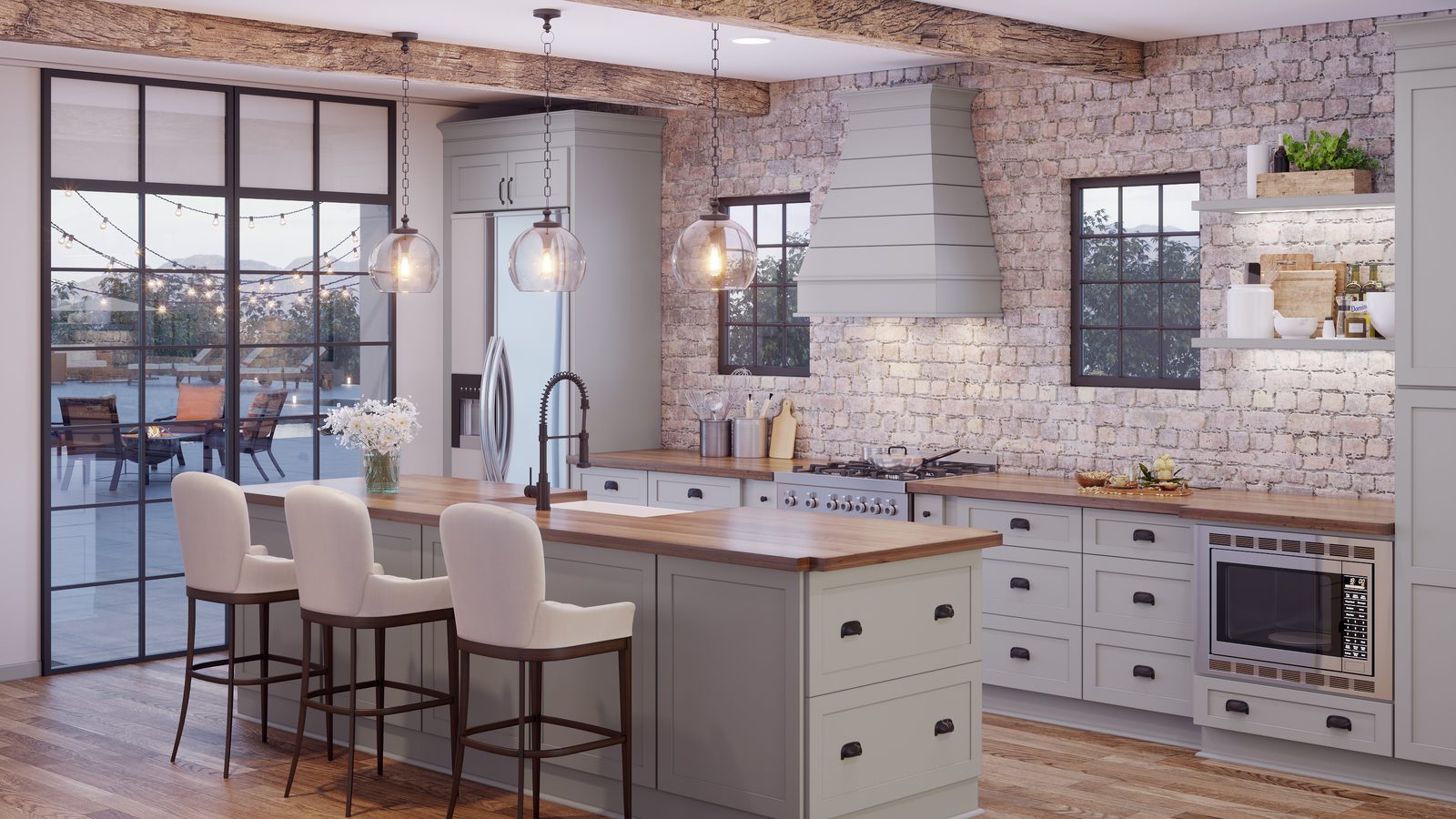 Rustic-modern gray kitchen with whitewashed brick wall