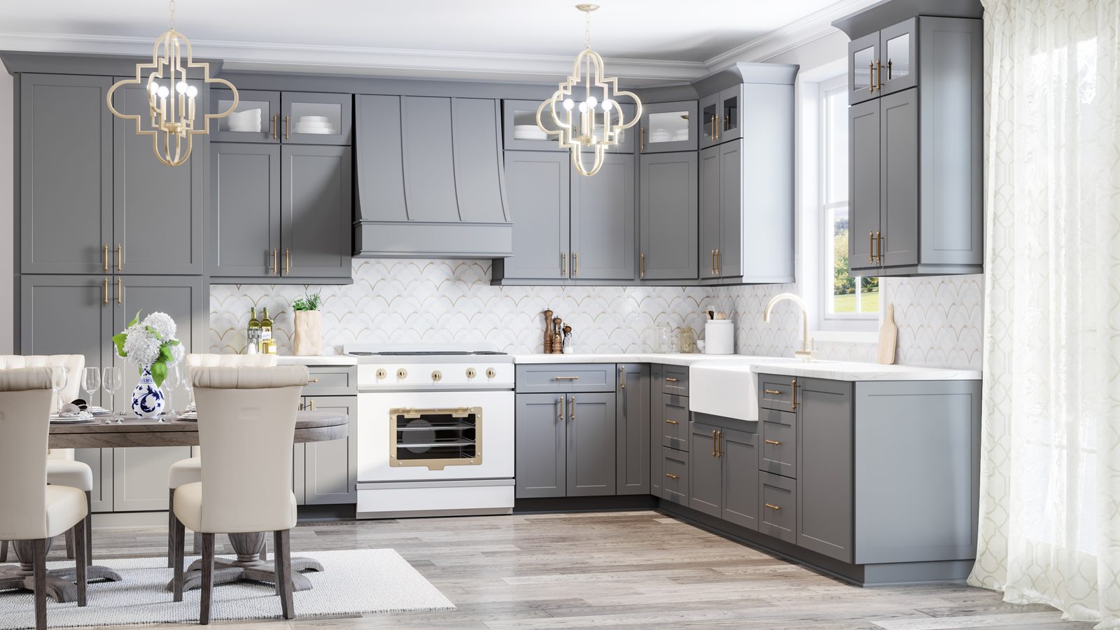 Gray shaker kitchen with gold chandeliers