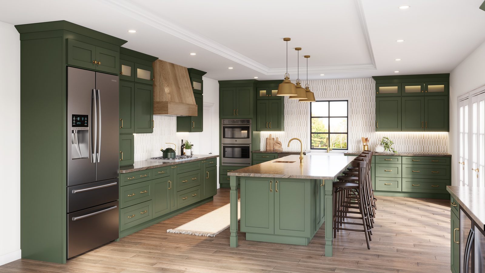 Forest green kitchen with wood range hood