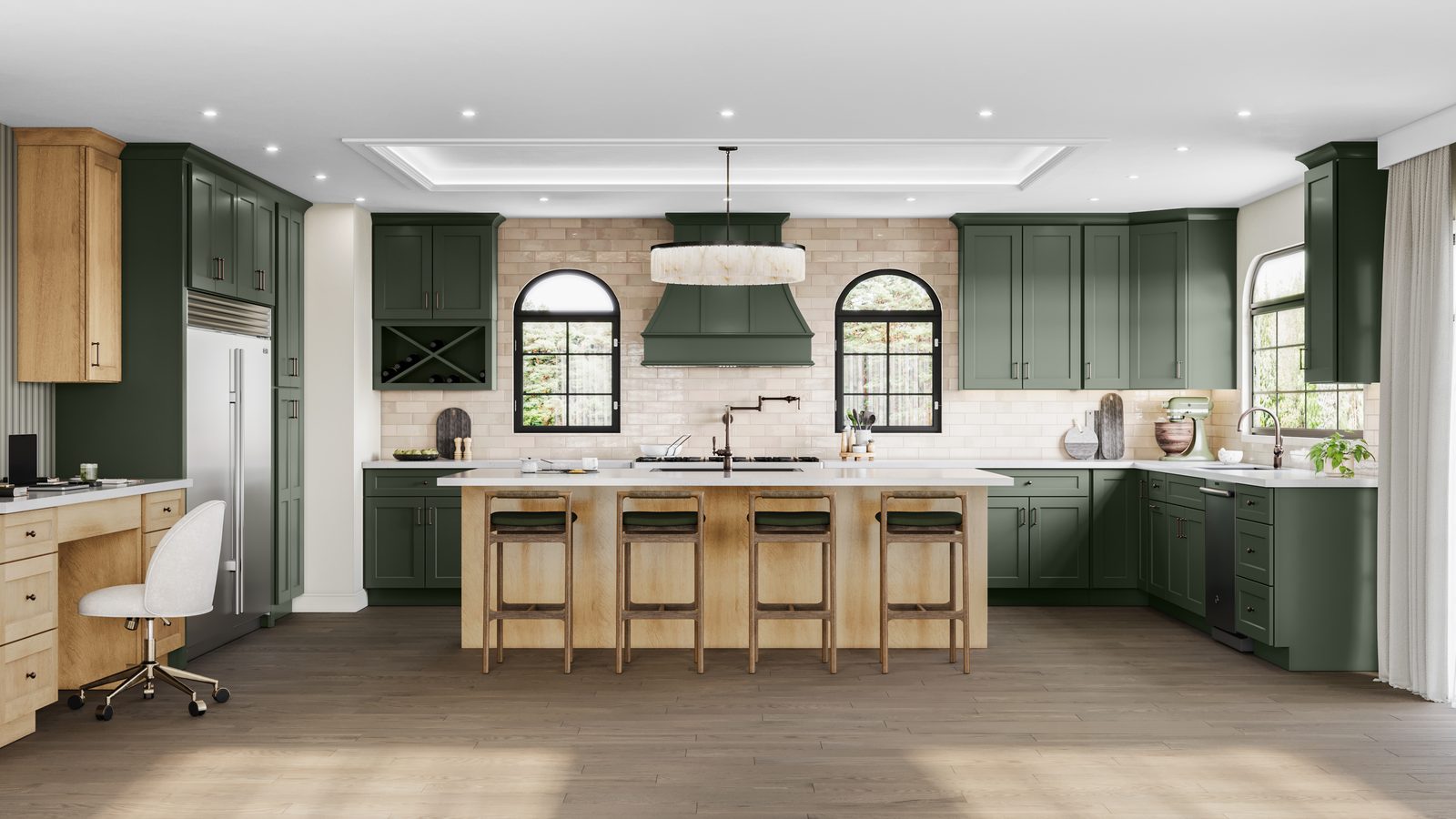 Green kitchen with light wood island and arched windows