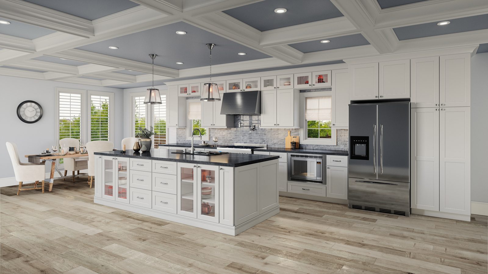 White kitchen with blue coffered ceiling and glass-front island