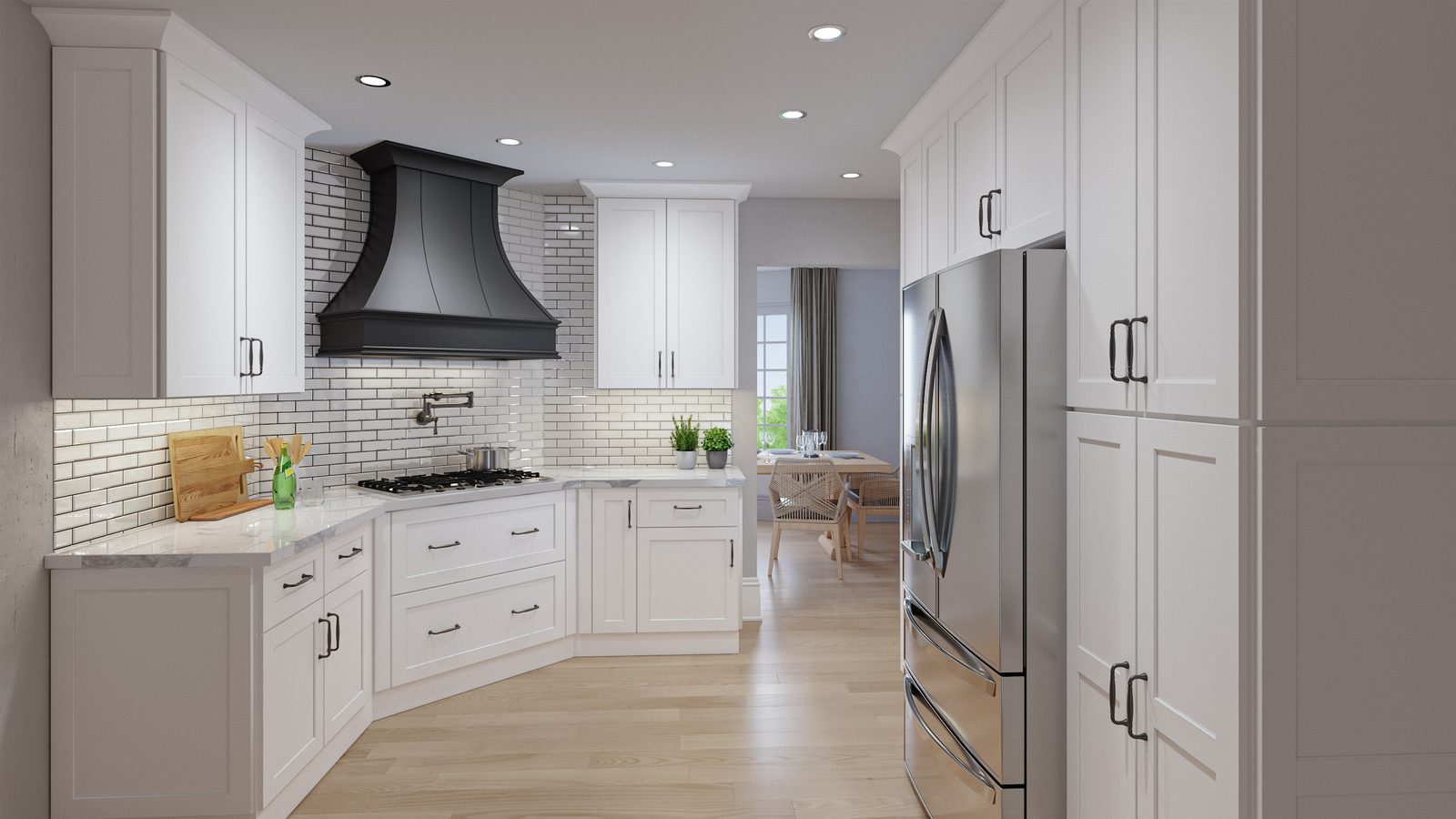 White shaker kitchen with black hood and subway tile