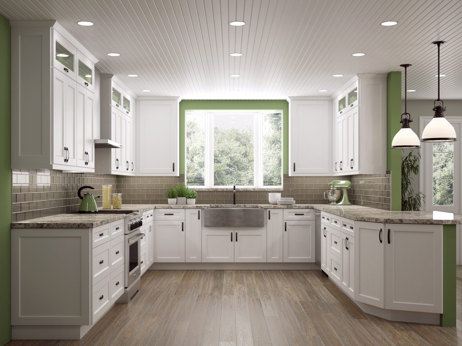 White kitchen with green walls and farmhouse sink