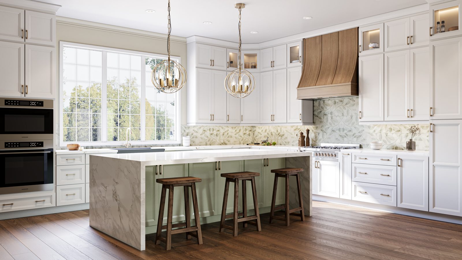 White and sage green kitchen with marble waterfall island